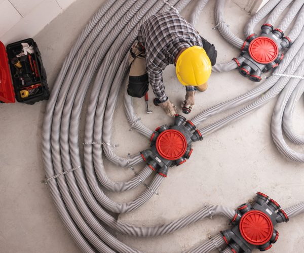 Modern Residential Heat Recuperation System Pipelines Installed by Professional Caucasian HVAC Technician in His 40s. Heat Ventilation Recovery Technology.